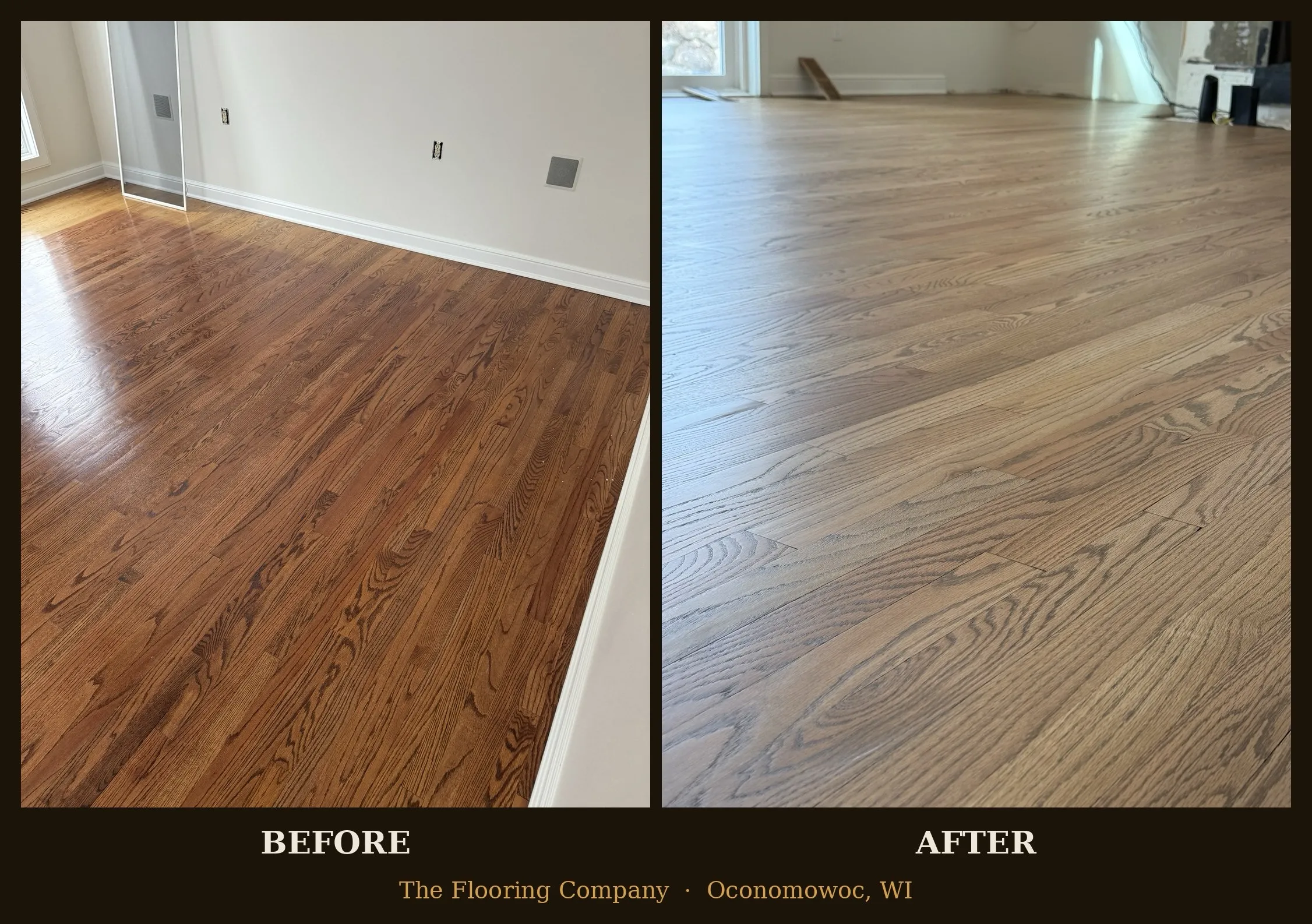 Before and after hardwood floor transformation by The Flooring Company