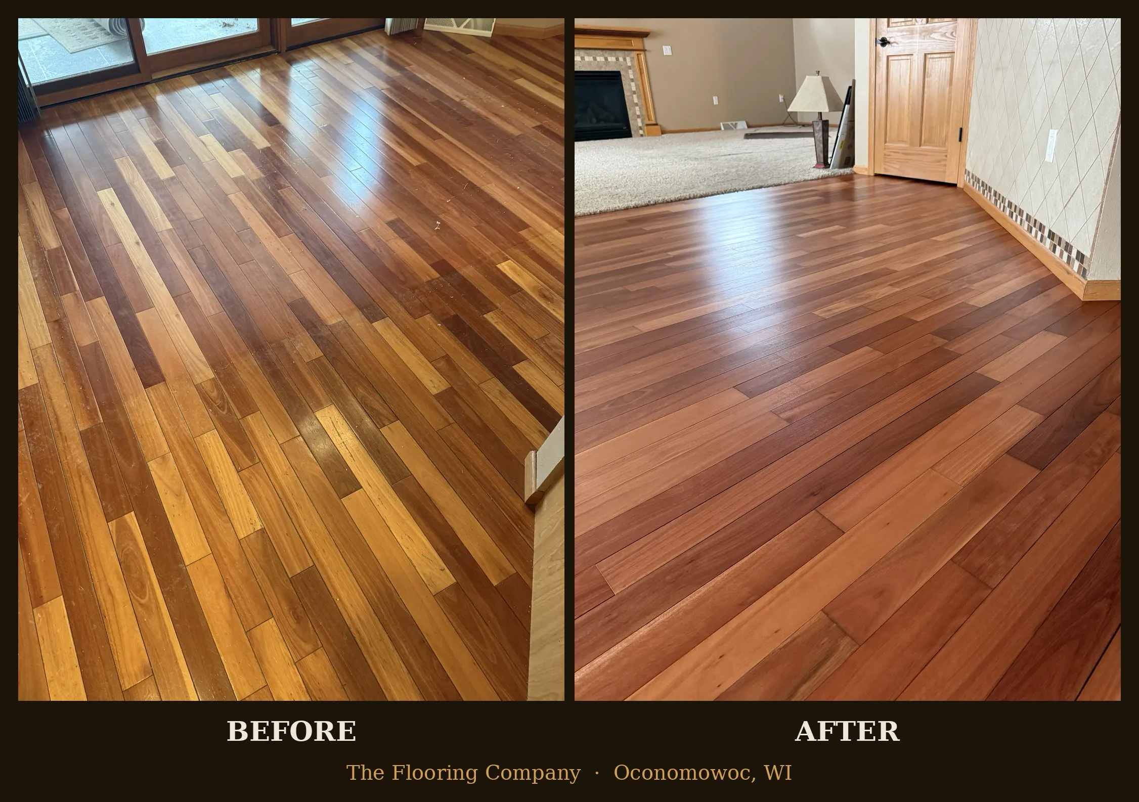 Before and after hardwood floor transformation by The Flooring Company