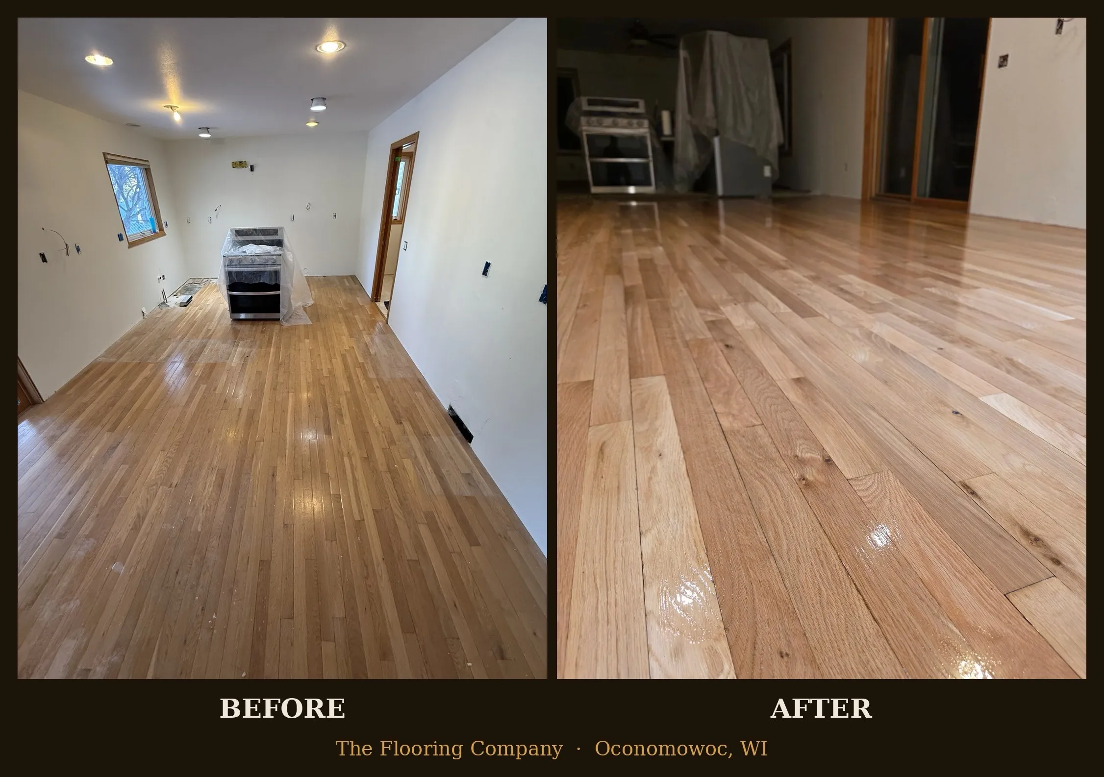 Before and after hardwood floor transformation by The Flooring Company