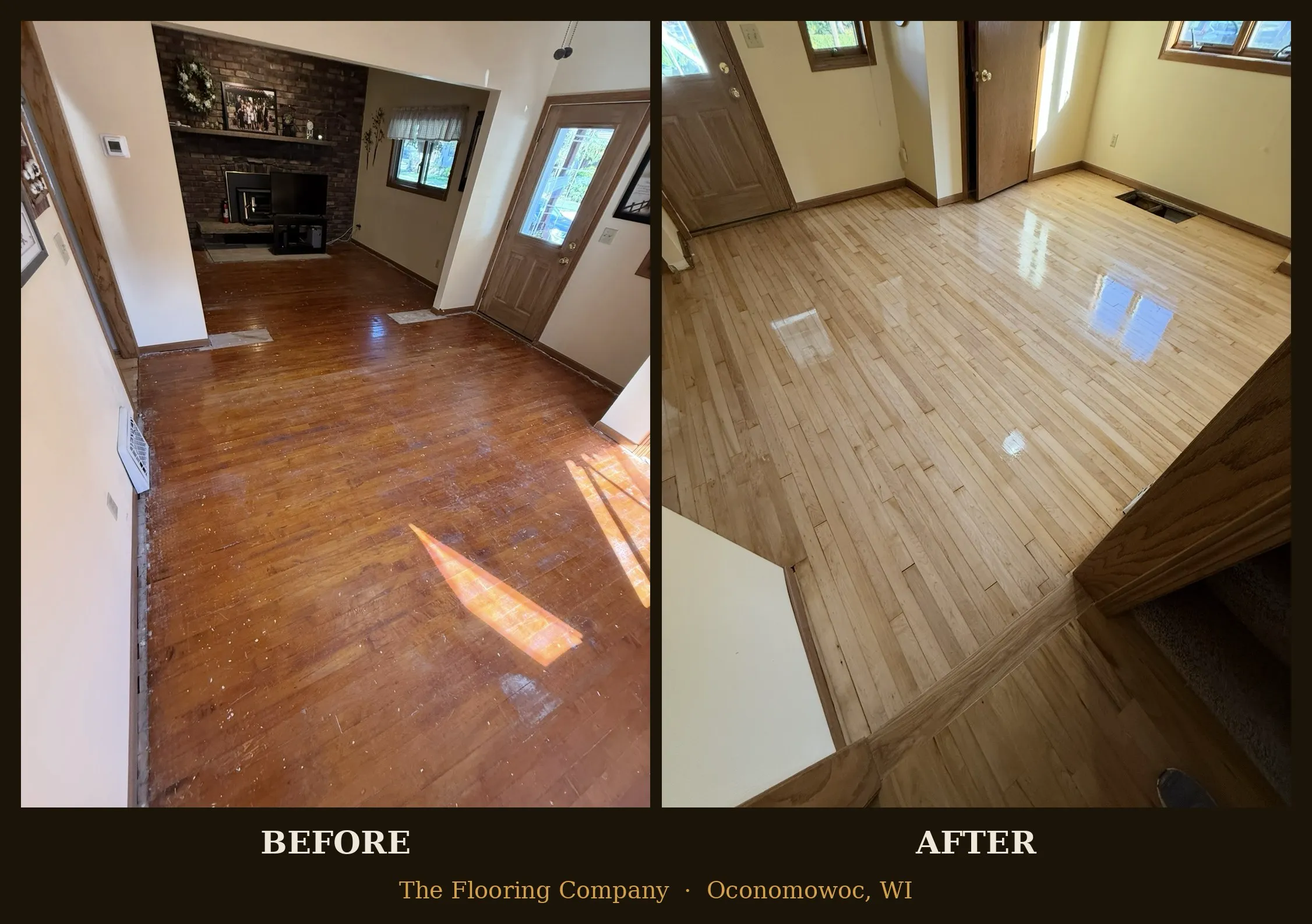Before and after hardwood floor transformation by The Flooring Company
