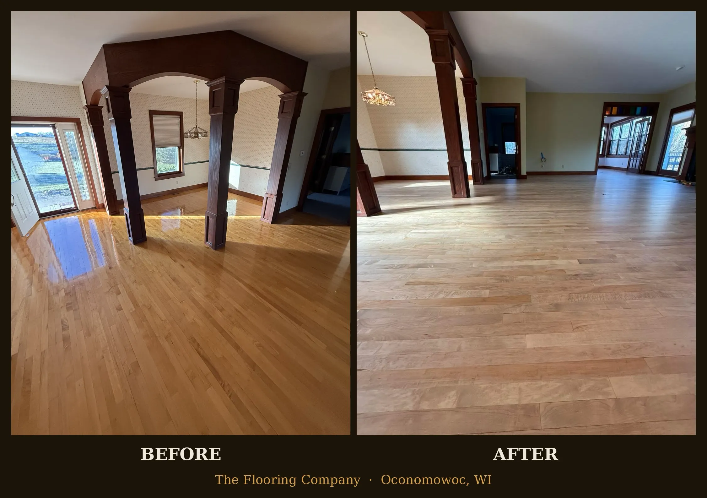 Before and after hardwood floor transformation by The Flooring Company