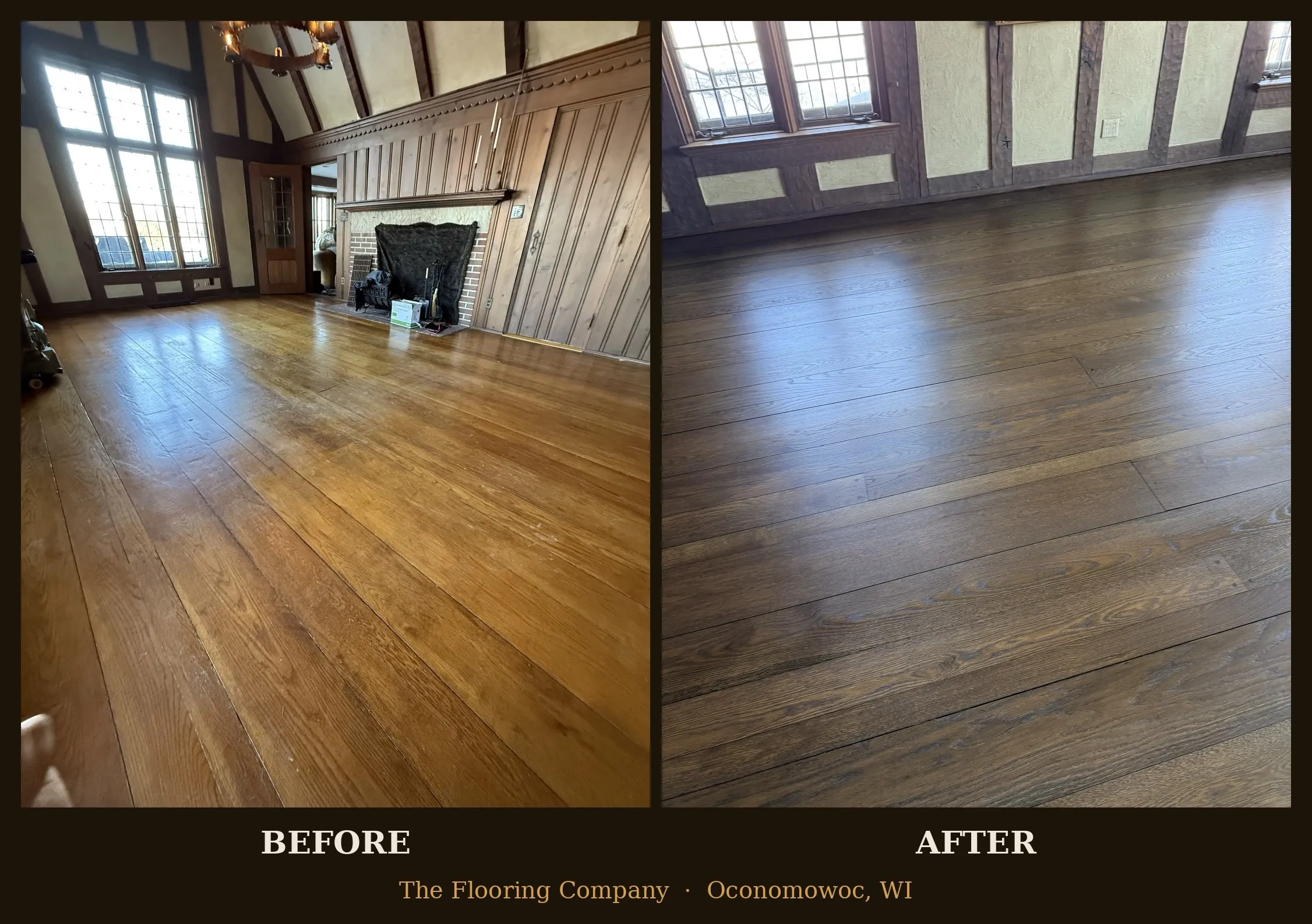 Before and after hardwood floor transformation by The Flooring Company